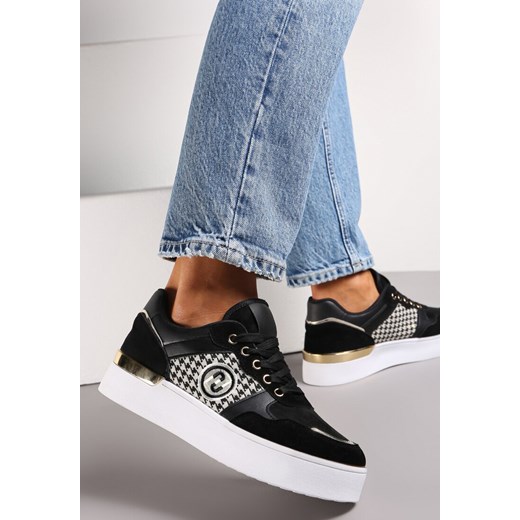 Czarne Sznurowane Sneakersy na Grubej Podeszwie z Ozdobną Wstawką Minsa Renee 39 renee.pl