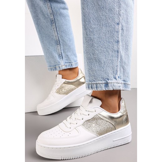 Biało-Złote Sneakersy z Cholewką przed Kostkę z Metalicznymi i Brokatowymi Wstawkami Kazma ze sklepu renee.pl w kategorii Buty sportowe damskie - zdjęcie 173170103