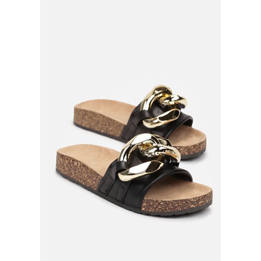 Czarne Płaskie Klapki z Szerokim Łańcuchem i Wstawką z Korka Kruti Renee 40 renee.pl