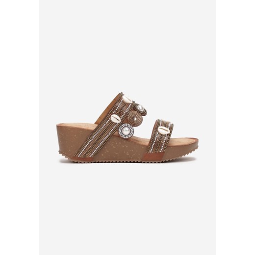 Brązowe Klapki w Stylu Boho z Muszelkami na Koturnie Lianna Renee 36 renee.pl