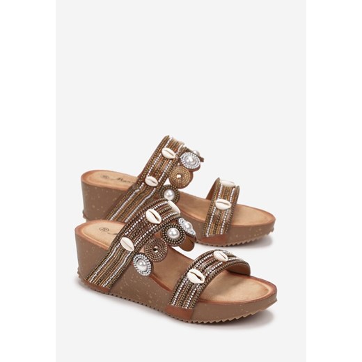 Brązowe Klapki w Stylu Boho z Muszelkami na Koturnie Lianna Renee 38 renee.pl