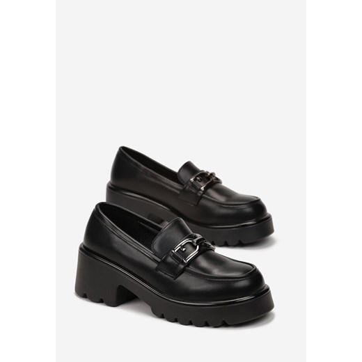 Czarne Mokasyny na Grubej Podeszwie z Wkładką ze Skóry Naturalnej i Klamerką Renee 39 renee.pl