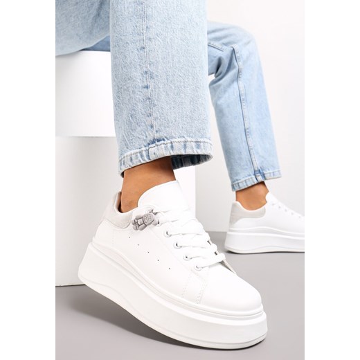Biało-Szare Sznurowane Sneakersy na Platformie z Aplikacją przy Sznurówkach Khirlie ze sklepu renee.pl w kategorii Buty sportowe damskie - zdjęcie 173177233