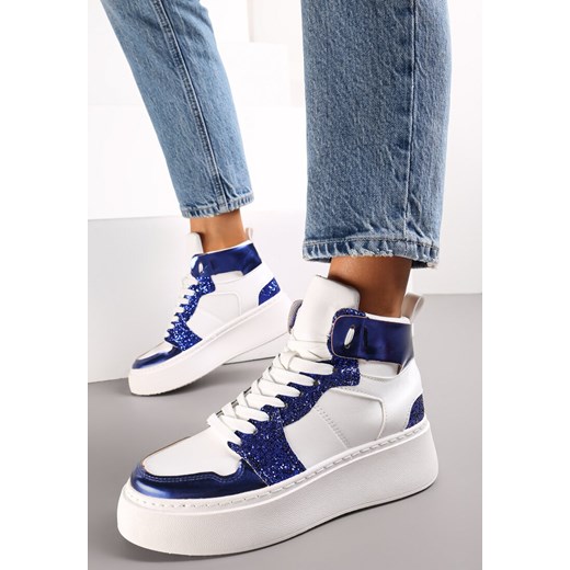 Biało-Granatowe Sznurowane Sneakersy za Kostkę z Brokatem i Metalicznymi Wstawkami Sareena ze sklepu renee.pl w kategorii Buty sportowe damskie - zdjęcie 173177293