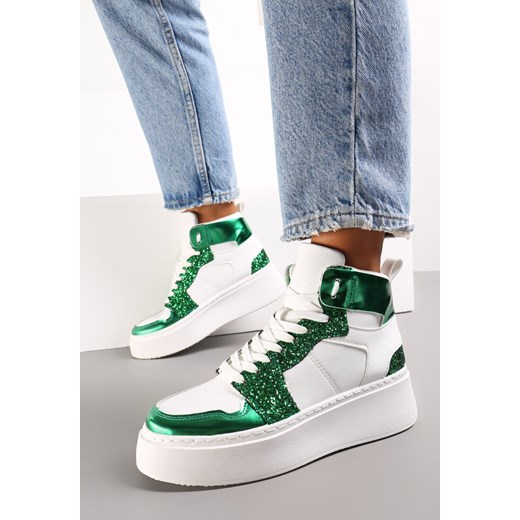 Biało-Zielone Sznurowane Sneakersy za Kostkę z Brokatem i Metalicznymi Wstawkami Sareena ze sklepu renee.pl w kategorii Buty sportowe damskie - zdjęcie 173177304