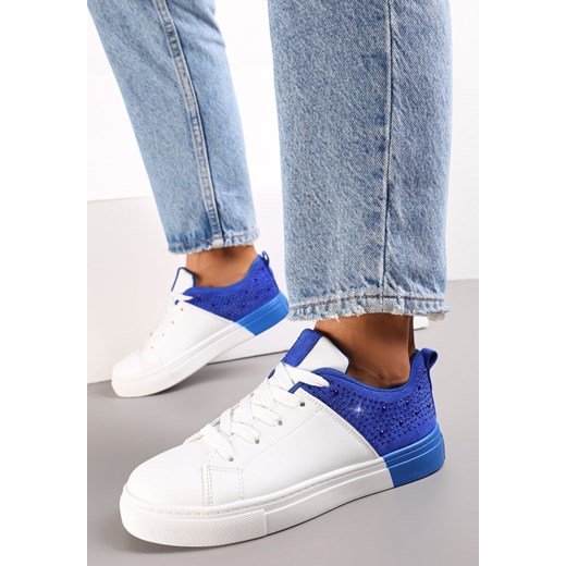 Biało-Niebieskie Sneakersy Sznurowane na Płaskiej Grubszej Podeszwie z Cyrkoniami Hanuel ze sklepu renee.pl w kategorii Trampki damskie - zdjęcie 173177323