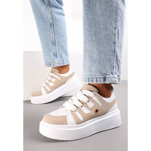 Biało-Beżowe Sneakersy na Grubej Podeszwie przed Kostkę Alisis ze sklepu renee.pl w kategorii Buty sportowe damskie - zdjęcie 173177511