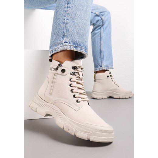 Beżowe Sznurowane Botki Traperki na Grubej Podeszwie Trewenna Renee 37 renee.pl