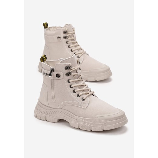 Beżowe Sznurowane Botki Traperki na Grubej Podeszwie Trewenna Renee 38 renee.pl