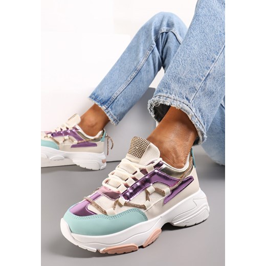 Beżowo-Fioletowe Sneakersy Ozdobione Sznureczkiem z Cyrkoniami Nathanias ze sklepu renee.pl w kategorii Buty sportowe damskie - zdjęcie 173178301