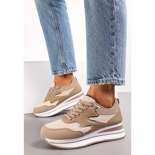 Ciemnobeżowe Sznurowane Sneakersy na Płaskiej Grubej Podeszwie z Brokatem Sincla ze sklepu renee.pl w kategorii Buty sportowe damskie - zdjęcie 173178521