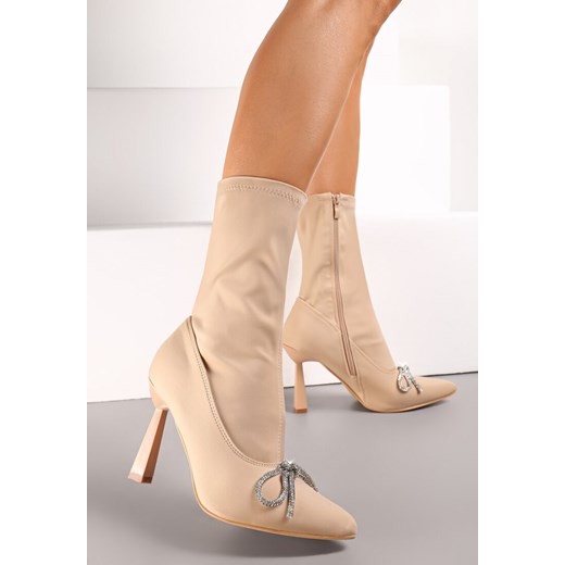 Beżowe Botki Skarpetkowe Ozdobione Kokardką z Cyrkoniami na Geometrycznej Renee 38 renee.pl