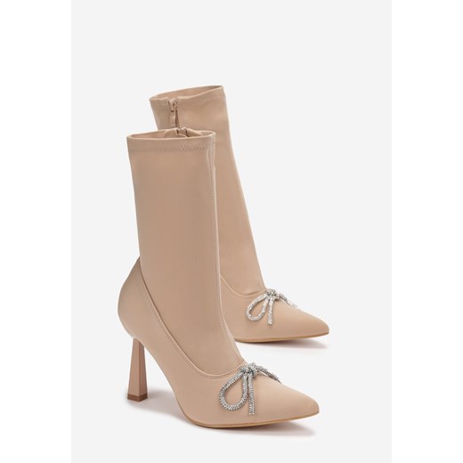 Beżowe Botki Skarpetkowe Ozdobione Kokardką z Cyrkoniami na Geometrycznej Renee 36 renee.pl