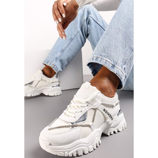 Białe Sznurowane Sneakersy z Ozdobnym Paskiem i Metalicznymi Wstawkami Asterella ze sklepu renee.pl w kategorii Buty sportowe damskie - zdjęcie 173178801