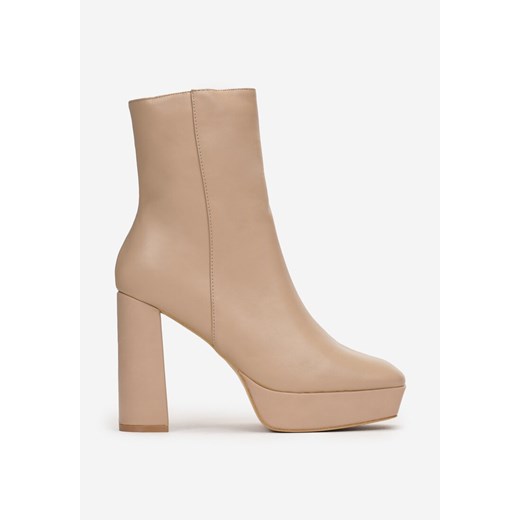 Beżowe Botki z Kwadratowym Noskiem na Słupku i Platformie Nopemia Renee 41 renee.pl