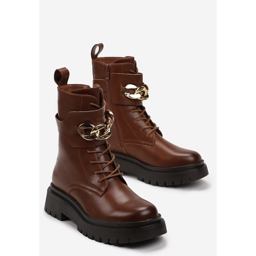 Brązowe Sznurowane Botki Typu Workery na Platformie z Ozdobnym Łańcuchem Barna Renee 39 renee.pl
