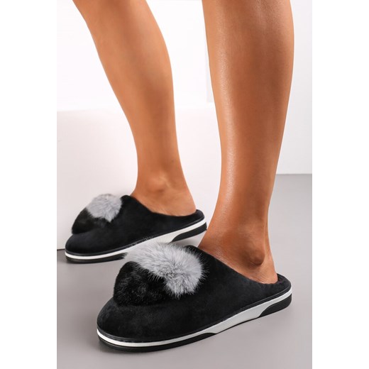 Czarne Kapcie z Pomponem w Kształcie Serduszka z Futerka Rafima Renee 36-37 renee.pl