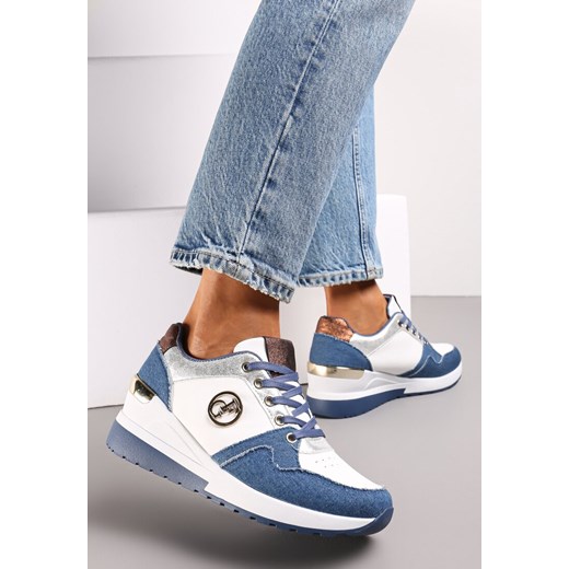 Granatowe Sneakersy Sznurowane Ozdobione Brokatem na Koturnie Eminalla ze sklepu renee.pl w kategorii Buty sportowe damskie - zdjęcie 173183141