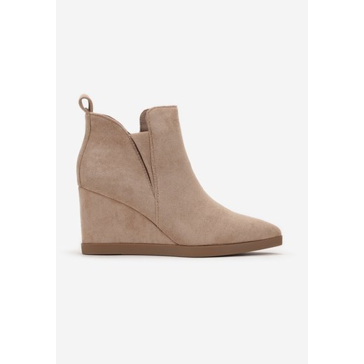 Ciemnobeżowe Botki na Koturnie z Ekozamszu Ozdobione Rozcięciem Baly Renee 38 renee.pl