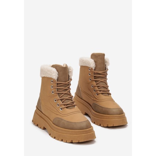 Ciemnobeżowe Traperki z Futerkiem na Platformie Eidenope Renee 40 renee.pl