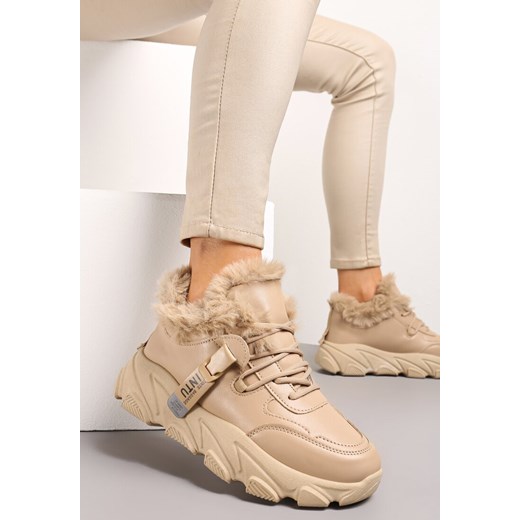 Ciemnobeżowe Sneakersy Przed Kostkę na Płaskiej Grubej Podeszwie z Ociepleniem ze Sztucznego Futerka Borrolla ze sklepu renee.pl w kategorii Buty sportowe damskie - zdjęcie 173186810