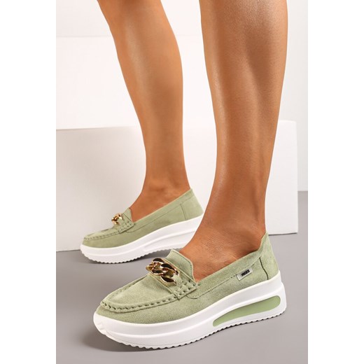 Zielone Mokasyny z Łańcuszkiem na Wysokiej Platformie Iracana Renee 40 renee.pl