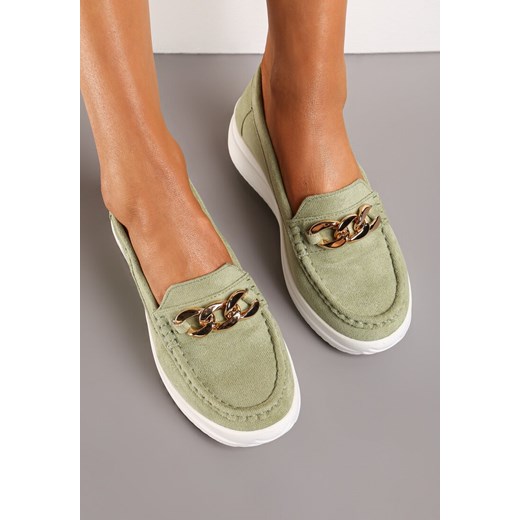 Zielone Mokasyny z Łańcuszkiem na Wysokiej Platformie Iracana Renee 41 renee.pl
