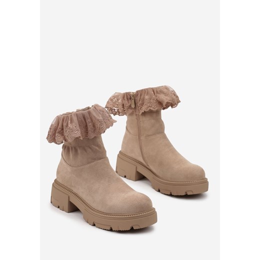 Ciemnobeżowe Botki z Haftowaną Koronką Evoria Renee 40 renee.pl