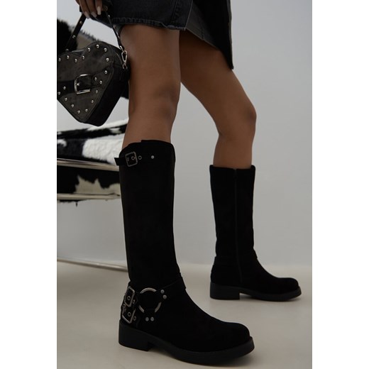 Czarne Kozaki Bikery z Ekoskóry z Ozdobnym Paskiem z Klamrą Marvita Renee 37 renee.pl