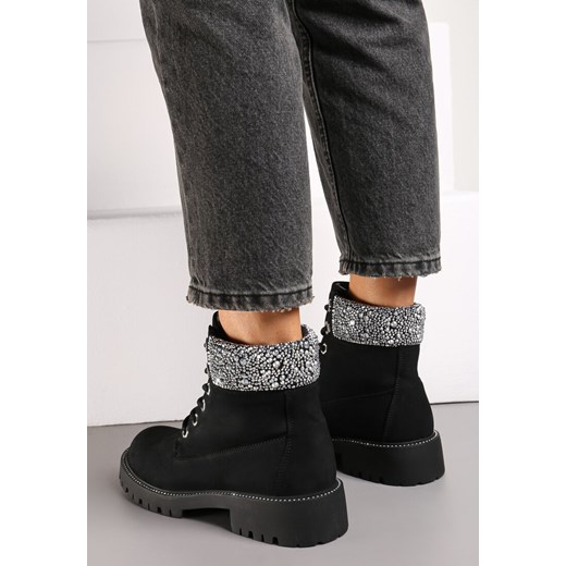 Czarne Botki Traperki na Płaskiej Podeszwie z Przeszyciami i Cyrkoniami Flurella Renee 40 renee.pl