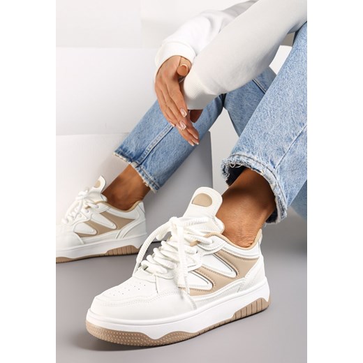 Biało-Beżowe Sneakersy przed Kostkę na Platformie z Wstawkami Losia ze sklepu renee.pl w kategorii Buty sportowe damskie - zdjęcie 173190753