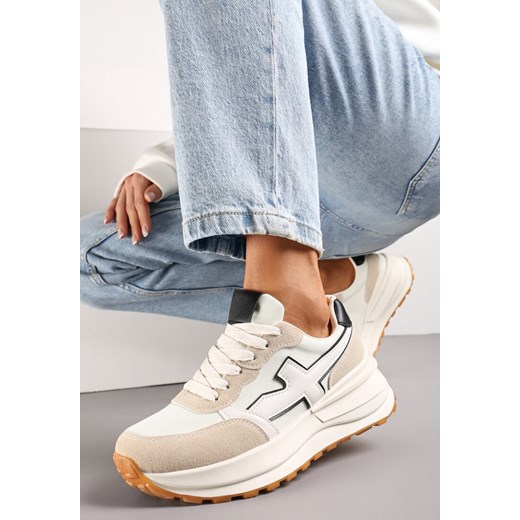 Biało-Beżowe Sneakersy przed Kostkę na Platformie z Wstawką Evienne ze sklepu renee.pl w kategorii Buty sportowe damskie - zdjęcie 173191071