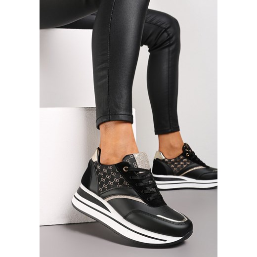 Czarne Sneakersy na Platformie z Metaliczną Wstawką Kariel ze sklepu renee.pl w kategorii Buty sportowe damskie - zdjęcie 173191532