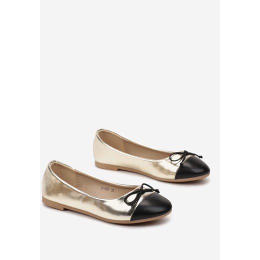 Złote Balerinki z Ozdobną Kokardką i Kontrastowym Noskiem Sanahia Renee 39 renee.pl