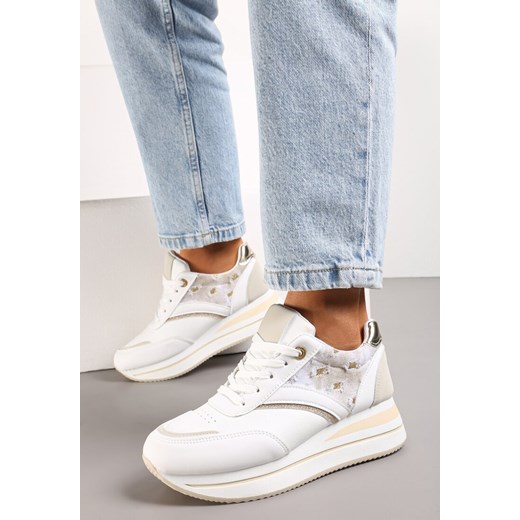 Biało-Beżowe Sznurowane Sneakersy z Ekoskóry z Błyszczącymi Wstawkami Fiviara ze sklepu renee.pl w kategorii Buty sportowe damskie - zdjęcie 173194794