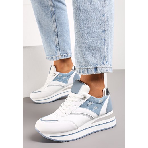 Biało-Niebieskie Sznurowane Sneakersy z Ekoskóry z Błyszczącymi Wstawkami Fiviara ze sklepu renee.pl w kategorii Buty sportowe damskie - zdjęcie 173194804