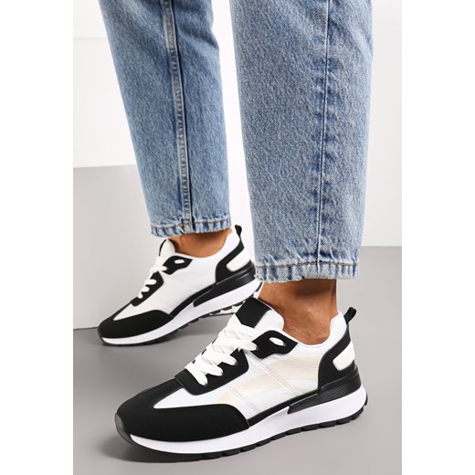 Czarno-Białe Sznurowane Sneakersy z Materiałowymi Wstawkami Aneril ze sklepu renee.pl w kategorii Buty sportowe damskie - zdjęcie 173195074
