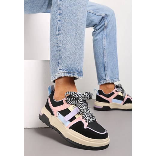 Czarne Sneakersy na Płaskiej Podeszwie z Grubymi Sznurówkami i Przeszyciami Joliat ze sklepu renee.pl w kategorii Buty sportowe damskie - zdjęcie 173195194
