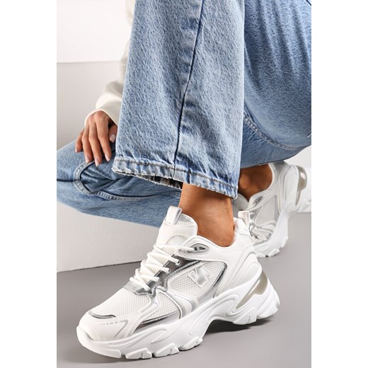 Biało-Srebrne Sznurowane Sneakersy z Siateczką i Wycięciami Solenare ze sklepu renee.pl w kategorii Buty sportowe damskie - zdjęcie 173195371