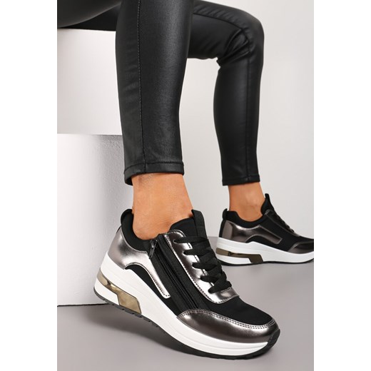 Czarne Sneakersy z Ekoskóry z Połyskującymi Detalami i Ozdobnym Zamkiem Raviles ze sklepu renee.pl w kategorii Buty sportowe damskie - zdjęcie 173196001