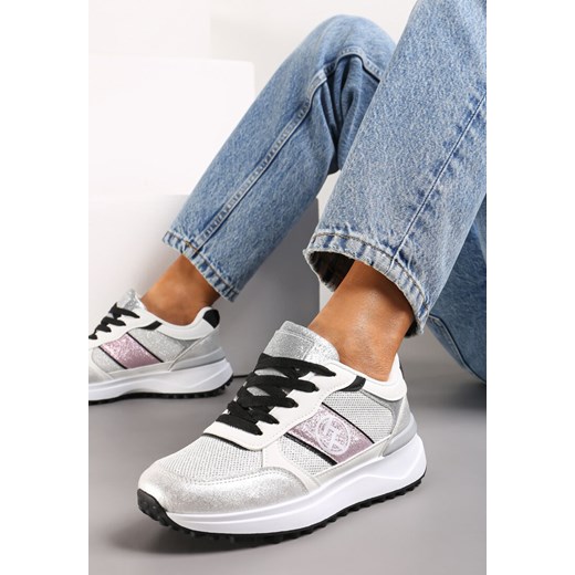 Srebrne Sznurowane Sneakersy z Brokatem i Siateczką na Grubej Podeszwie Leviria ze sklepu renee.pl w kategorii Buty sportowe damskie - zdjęcie 173196051