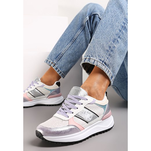 Biało-Srebrne Sznurowane Sneakersy z Brokatem i Siateczką na Grubej Podeszwie Leviria ze sklepu renee.pl w kategorii Buty sportowe damskie - zdjęcie 173196061