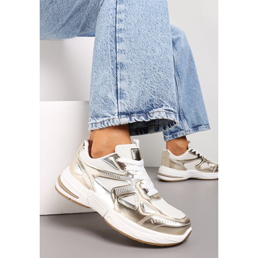 Biało-Złote Sneakersy ze Wstawkami z Ekoskóry na Grubej Podeszwie Elperna ze sklepu renee.pl w kategorii Buty sportowe damskie - zdjęcie 173196091