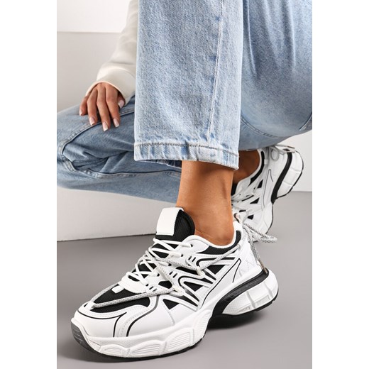 Biało-Czarne Sneakersy z Siateczką na Podeszwie z Wycięciami i Ozdobnym Wiązaniem Dorila ze sklepu renee.pl w kategorii Buty sportowe damskie - zdjęcie 173196874