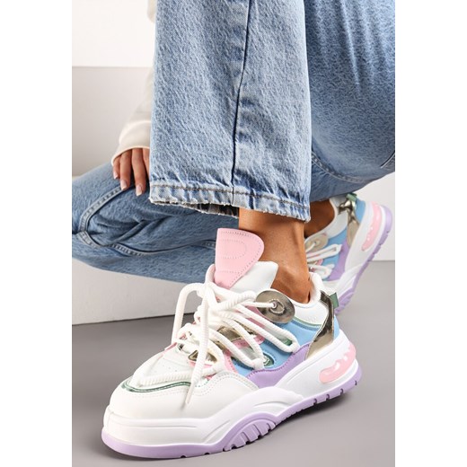 Biało-Fioletowe Sneakersy Ozdobione Kolorowymi i Metalicznymi Wstawkami na Grubej Podeszwie Oplevia ze sklepu renee.pl w kategorii Buty sportowe damskie - zdjęcie 173197524