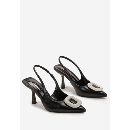 Czarne Wsuwane Sandały na Geometrycznej Szpilce z Klamerką z Cyrkoniami Prida Renee 40 renee.pl