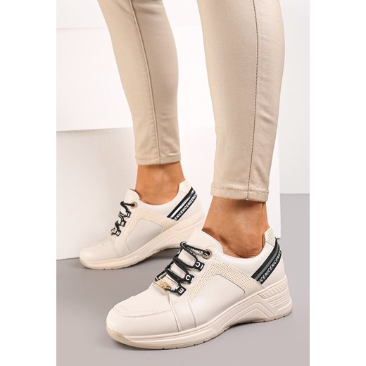 Beżowe Sneakersy ze Skórzaną Wkładką Ozdobione Napisami na Koturnie Dorvalia ze sklepu renee.pl w kategorii Buty sportowe damskie - zdjęcie 173198450