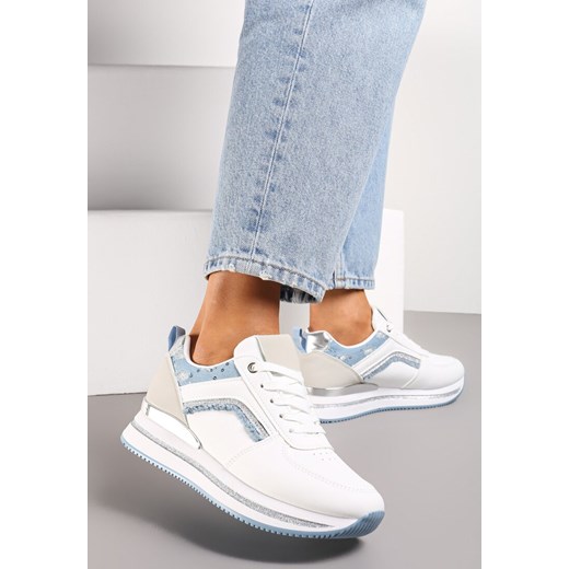 Biało-Niebieskie Sznurowane Sneakersy na Grubej Podeszwie z Cekinami i Brokatem Zallie ze sklepu renee.pl w kategorii Buty sportowe damskie - zdjęcie 173198531
