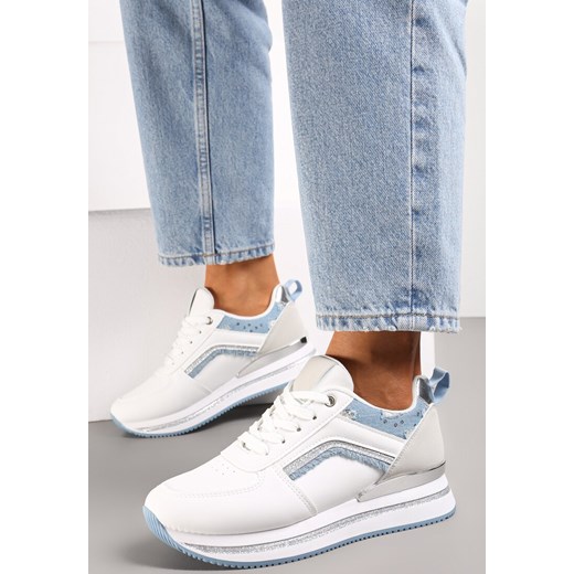 Biało-Niebieskie Sznurowane Sneakersy na Grubej Podeszwie z Cekinami i Brokatem Renee 36 renee.pl
