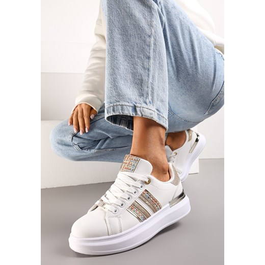 Biało-Szampańskie Sneakersy na Niewysokiej Platformie z Brokatowymi Wstawkami Renallsa ze sklepu renee.pl w kategorii Buty sportowe damskie - zdjęcie 173199293